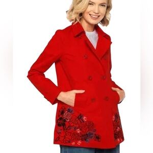 Desigual Floral Embroidered Double Breasted Trench Coat Jacket Size EU 40 Red